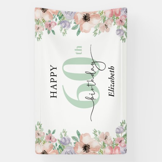 Elegant Pastel Floral 60th Birthday Party  横断幕 (縦)