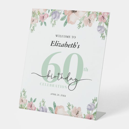 Elegant Pastel Floral 60th Birthday Party Welcome 台座サイン (正面)