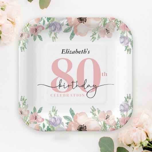 Elegant Pastel Floral 80th Birthday Party ペーパープレート