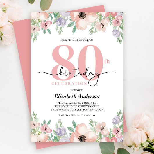 Elegant Pastel Floral 80th Birthday Party 招待状