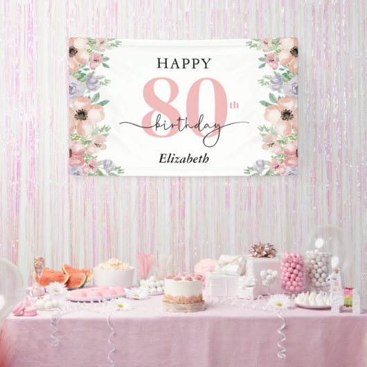 Elegant Pastel Floral 80th Birthday Party 横断幕 (パーティー)