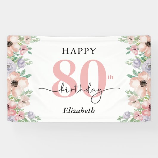 Elegant Pastel Floral 80th Birthday Party 横断幕 (横)