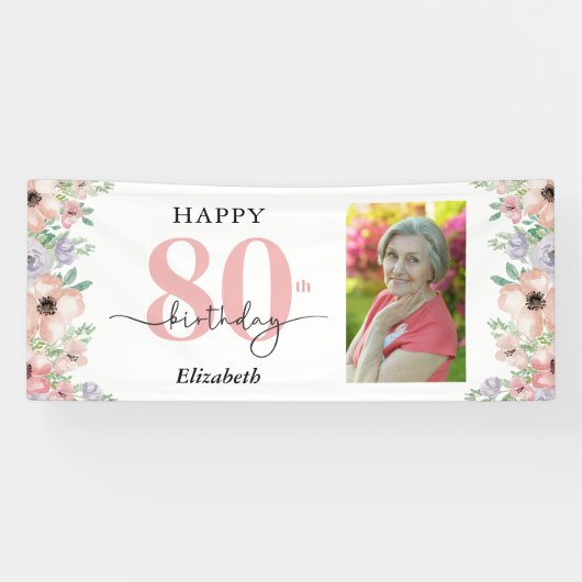 Elegant Pastel Floral 80th Birthday Party Photo  横断幕 (横)