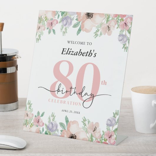Elegant Pastel Floral 80th Birthday Party Welcome 台座サイン (インサイチュ)