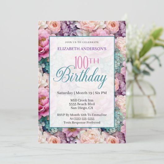 Elegant Pastel Floral Garden 100th Birthday 招待状 (スタンド正面)