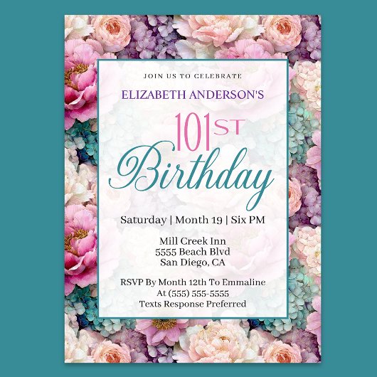 Elegant Pastel Floral Garden 101st Birthday 招待状