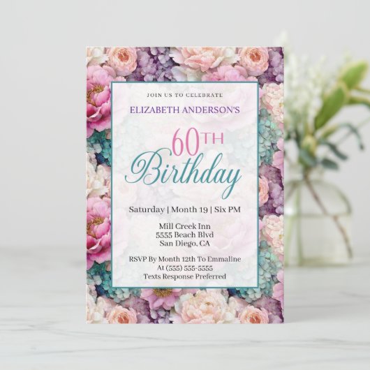 Elegant Pastel Floral Garden 60th Birthday 招待状 (スタンド正面)