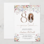 Elegant Pastel Floral Photo 80th Birthday 招待状 (正面/裏面)