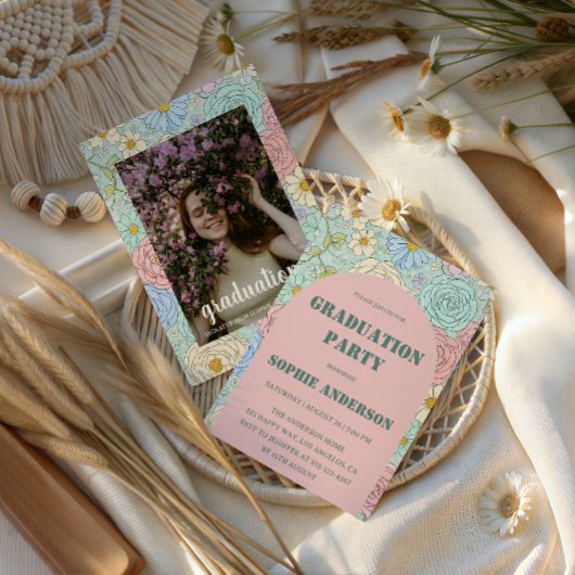 Elegant Pastel Floral Photo Graduation Party 招待状