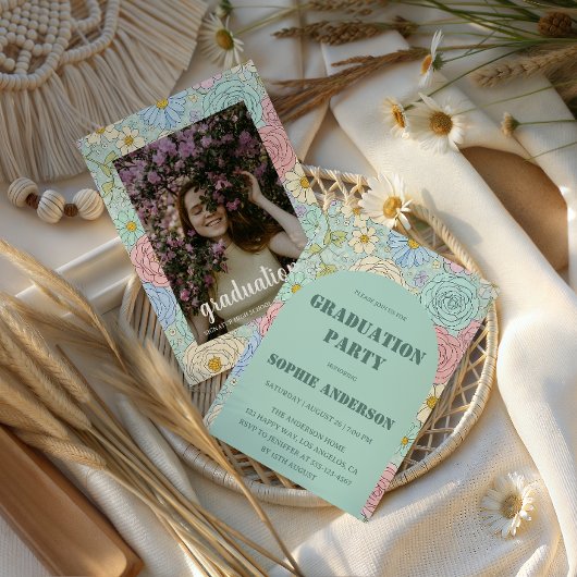 Elegant Pastel Floral Photo Graduation Party 招待状