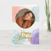 Elegant Pastel Gold Script Circle Photo Birthday カード (正面)