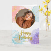 Elegant Pastel Gold Script Circle Photo Birthday カード (黄色い花)