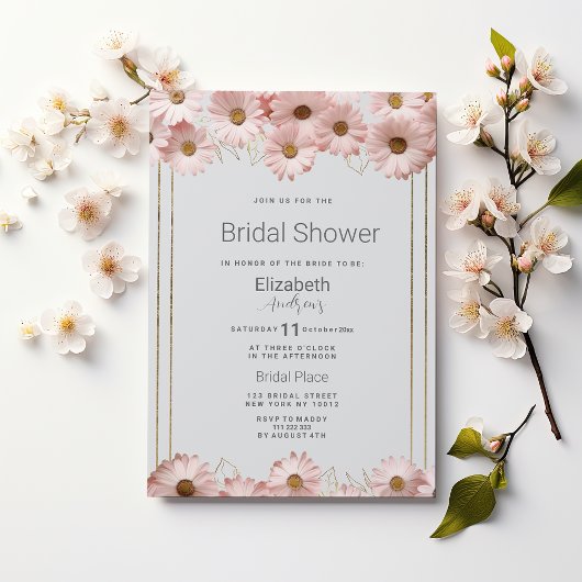 Elegant pastel gray pink gold daisy Bridal Shower  招待状