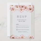 Elegant pastel gray pink gold daisy floral RSVP 招待状 (正面)