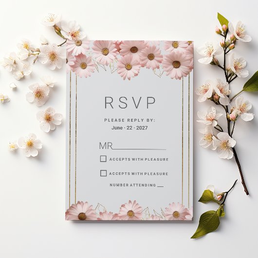 Elegant pastel gray pink gold daisy floral RSVP 招待状