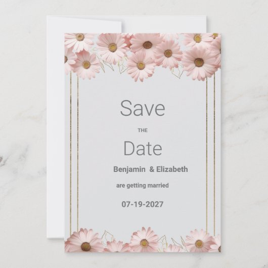 Elegant pastel gray pink gold daisy Save the Date 招待状 (正面)