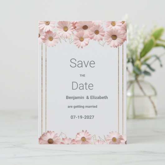 Elegant pastel gray pink gold daisy Save the Date 招待状 (スタンド正面)