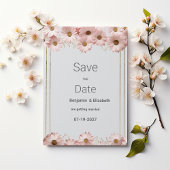 Elegant pastel gray pink gold daisy Save the Date 招待状