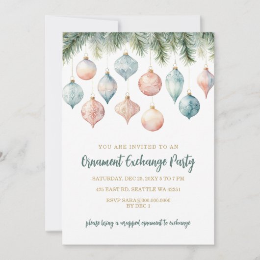 Elegant Pastel Ornament Exchange Christmas Party 招待状 (正面)