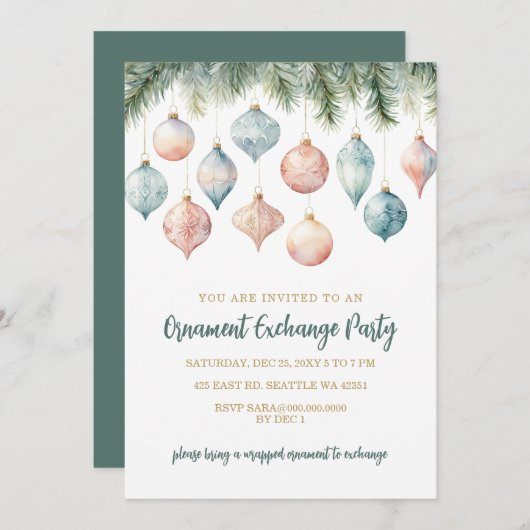 Elegant Pastel Ornament Exchange Christmas Party 招待状 (正面/裏面)