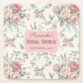 Elegant Pastel Roses Shabby Chic Bridal Shower スクエアペーパーコースター