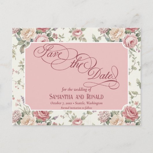 Elegant Pastel Roses Shabby Chic Wedding 案内ポストカード (正面)