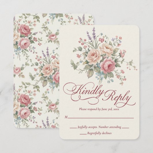 Elegant Pastel Roses Shabby Chic Wedding RSVP Card (正面/裏面)