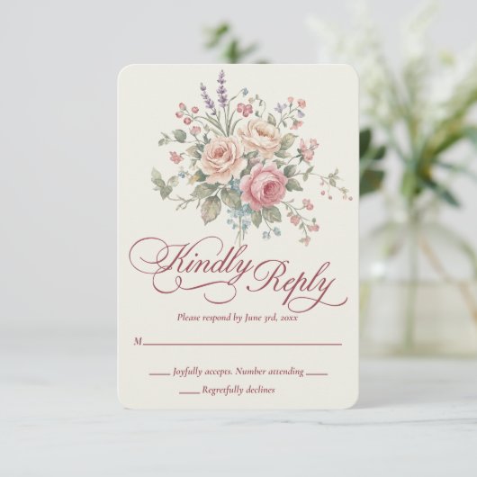 Elegant Pastel Roses Shabby Chic Wedding RSVP Card (スタンド正面)