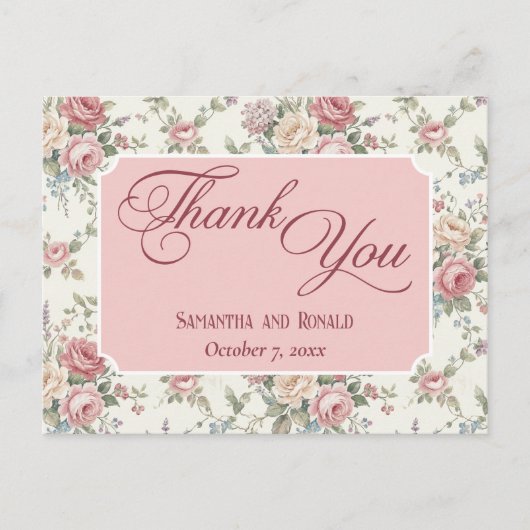 Elegant Pastel Roses Shabby Chic Wedding Thank You ポストカード (正面)