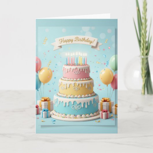 Elegant Pastel Tier Cake – Happy Birthday Card カード (正面)