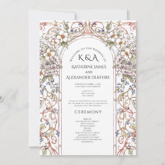 Elegant Pastel Vintage Floral Wedding Program 招待状 (正面)