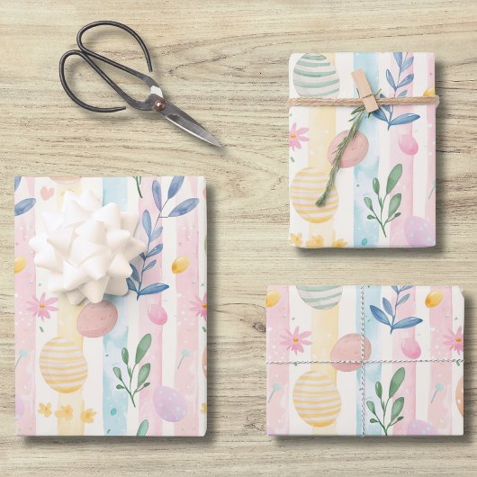 Elegant Pastel Watercolor Easter Stripes Eggs ラッピングペーパーシート