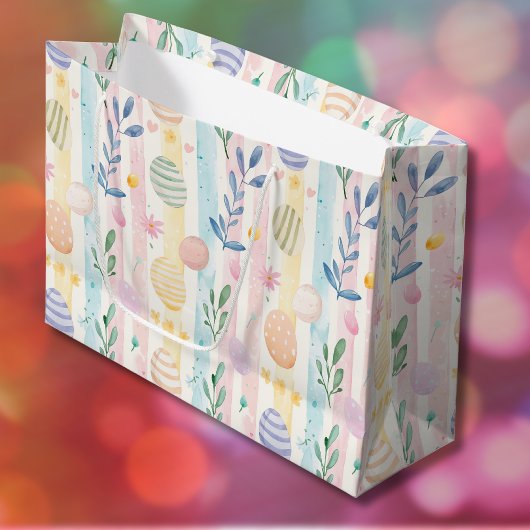 Elegant Pastel Watercolor Easter Stripes Eggs ラージペーパーバッグ