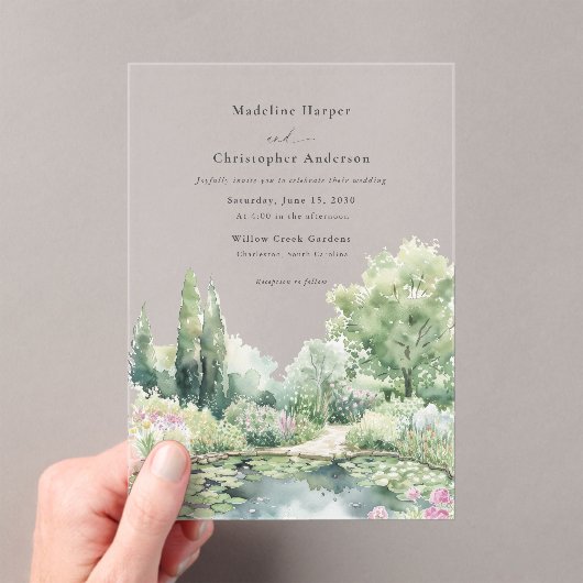 Elegant Pastel Watercolor Garden Wedding アクリル招待状 (インサイチュ (ポータブル))