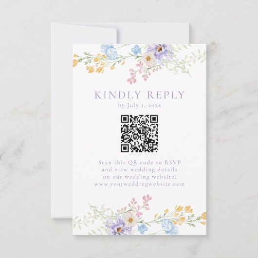 Elegant Pastel Wildflower Garden QR Code Wedding 出欠カード (正面)