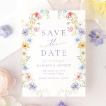 Elegant Pastel Wildflower Garden Wedding セーブザデート<br><div class="desc">Invite guests to mark their calendars with this elegant pastel wildflower garden save the date featuring delicate watercolor wildflowers arranged along both sides of the design in soft shades of purple, pink, yellow, blue, and white with fresh greenery. The graceful floral border frames the wording in soft lavender lettering, highlighting...</div>