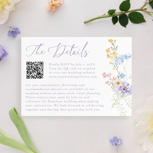 Elegant Pastel Wildflower QR Code Wedding Details エンクロージャーカード