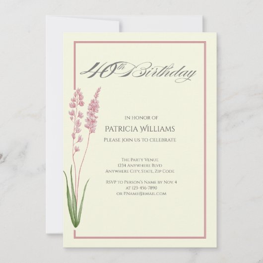 Elegant Pastel Wildflower Woman''s 40th Birthday 招待状 (正面)