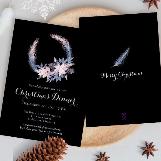 Elegant Pastel Wreath Christmas Dinner Party 招待状