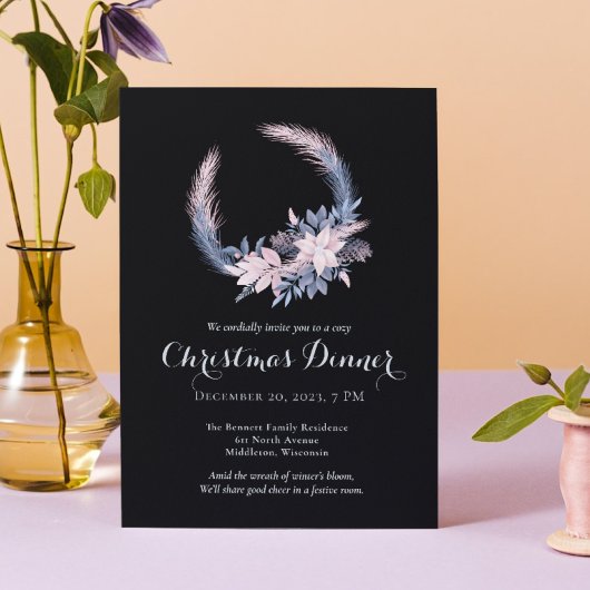 Elegant Pastel Wreath Christmas Dinner Party 招待状