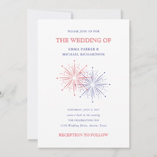 Elegant Patriotic Fireworks | 4th of July Wedding 招待状 (正面)