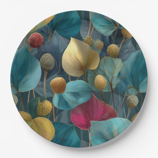Elegant Pattern of Stylized Teal and Gold Leaves ペーパープレート (正面)