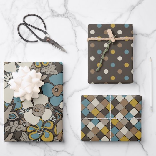 Elegant Patterns Blue Brown Mustard Beige ラッピングペーパーシート (正面)