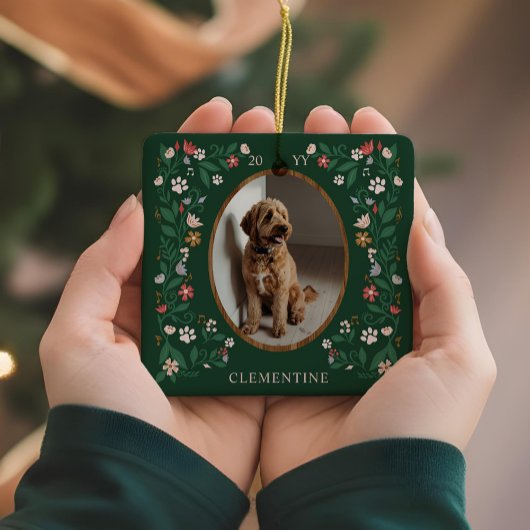 Elegant Paw Print & Floral Pet Photos Christmas セラミックオーナメント