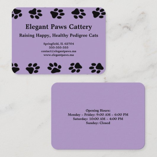 Elegant Paws Cattery Business Card with Paw Print  名刺 (正面/裏面)