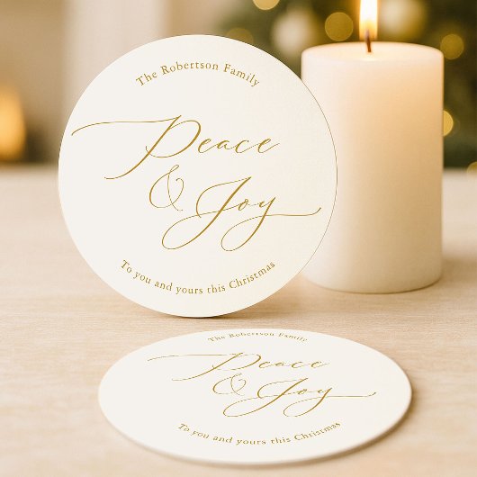 Elegant Peace & Joy Gold Script Christmas ラウンドペーパーコースター