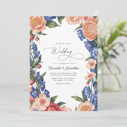 Elegant Peach and Blue Floral Wedding QR Code 招待状 (スタンド正面)