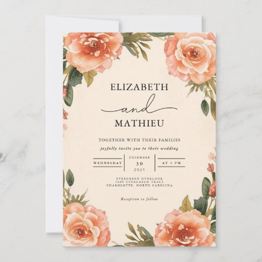 Elegant Peach Blossom Botanical Wedding 招待状 (正面)