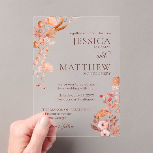 Elegant Peach Boho Style Floral Acrylic Invitation アクリル招待状 (インサイチュ (ポータブル))