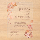 Elegant Peach Boho Style Floral Acrylic Invitation アクリル招待状 (正面)
